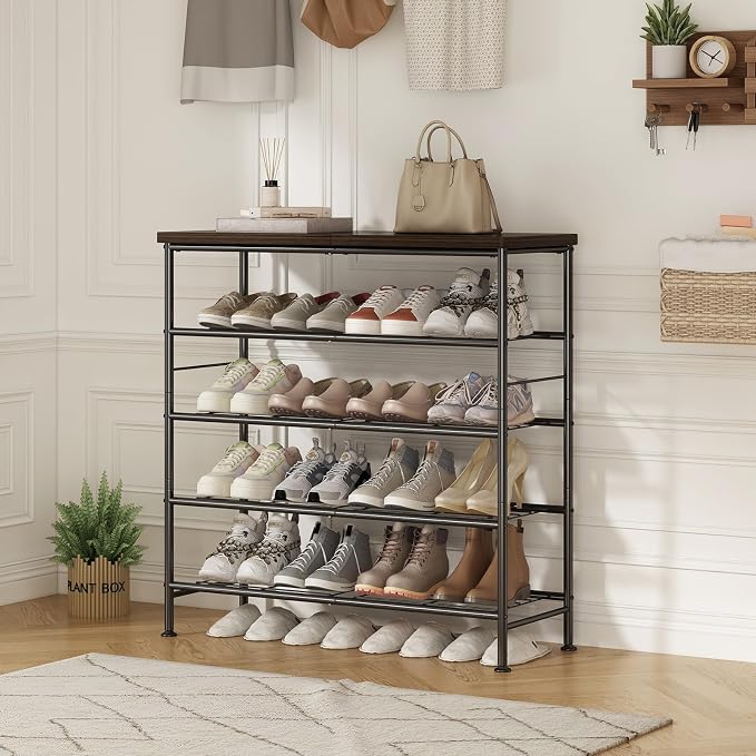 SUOERNUO 5 Tier Shoe Rack Organizer for Closet Shoe Storage for Entryway | Free Standing with MDF Top Board,Sturdy Metal Frame,Ideal for Living Room,Hallway Black