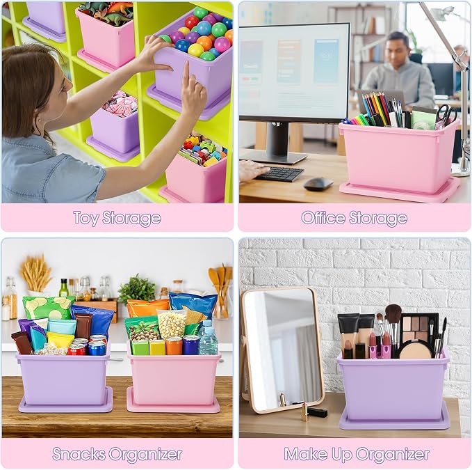 Potchen 6 Pack Small Stackable Storage Bins with Lids Plastic Storage Boxes for Classroom 9.8" ×7.3" ×5.7" Decorative Organizer Bins for Craft Art Office Teacher Supplies (Pink,Purple)
