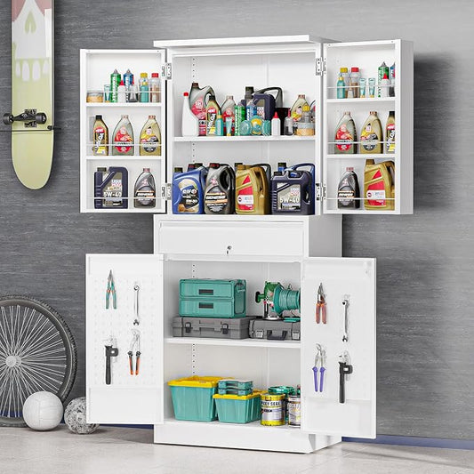 VINGLI Metal Storage Cabinet with 4 Doors & 1 Drawer, 71'' Steel Locking Cabinet with 6 Door Hanging Shelves and Adjustable Shelves for Garage, Warehouse, Home Kitchen, Dining Living Room (White)