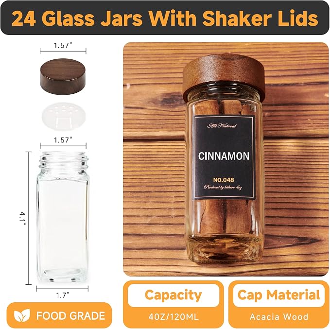 Wooden Lid Magnetic Spice Rack with 24 Jars, 216 Labels, 1 Steel Funnel for Refrigerator，Microwave Oven - Full Set of Spice Organizer
