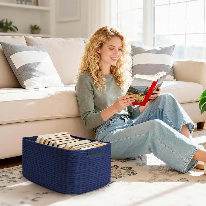 4 Pack Large Storage Basket for Organizing, 17.5"x13"x7" Woven Basket for Shelves, Closet Cube Storage Bins with Wrapped Handle, Cotton Rope Baskets for Kitchen, Clothes, Toys(Navy Blue)