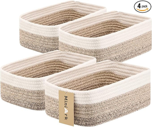 MiniArk Small Storage Baskets for Organizing | Closet Organizer Bins | Shelf Toy Basket | Woven Rope Baskets | Cube Decorative Box | Shallow Basket |11.5x7.5x4.7”| 4 Packs Gradient Brown