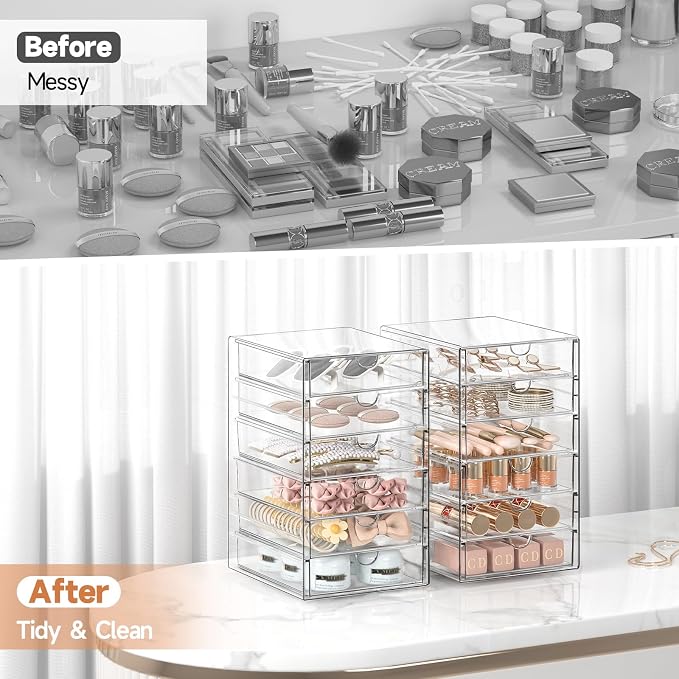 DOMNIU Acrylic Makeup Drawer Storage Organizer with 24 Drawers, 4 Set | Office Desk Organization and Storage, Dustproof Drawer Organizer for Makeup, Countertop, Jewelry, Desktop, Bathroom, Bedroom