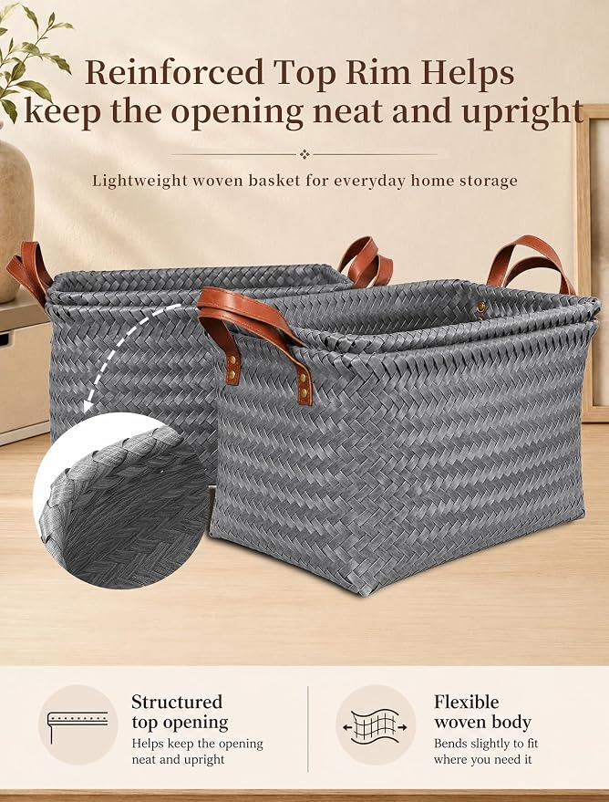 Wicker Storage Baskets, 4 Pack Woven Baskets for Shelves, Grey | PP Rattan, Water-resistant Wicker Basket, Large Baskets with Faux Leather Handles for Blanket, Laundry Organizer, Room Decor