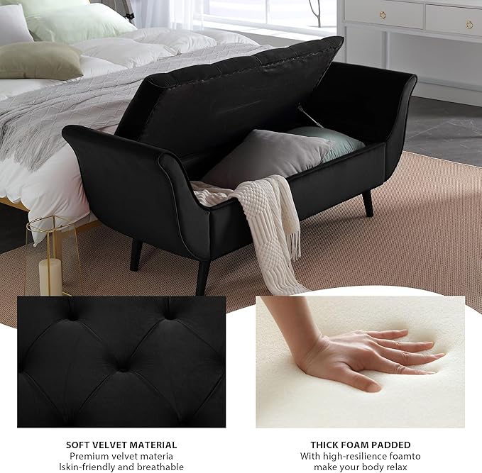 Velvet Storage Bench 65" Tufted End of Bed Ottoman with 2 Pillows (Black)