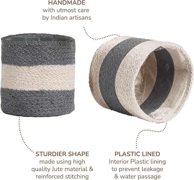 Jute Small Plant Pots Set of 2, 6.5 inches- Gray & White | Jute Planter Basket-Woven Rope Covers for Decorating Indoor/Outdoor Succulents Multi-Purpose Storage Bins Modern Style Decor