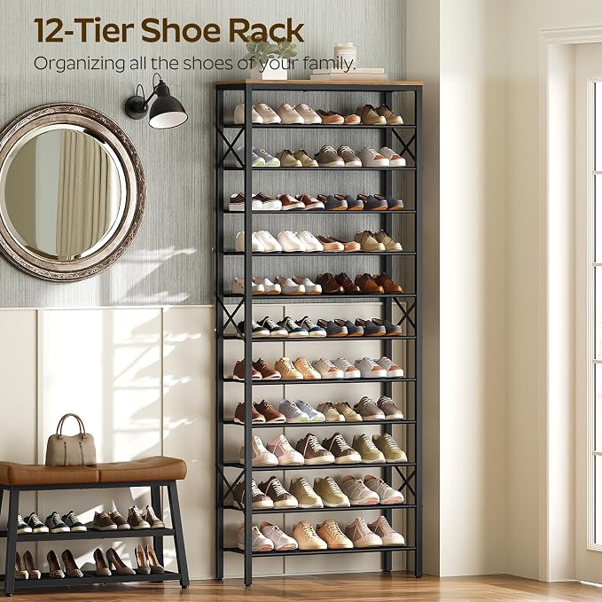 YATINEY 12 Tier Shoe Rack, Large Capacity Shoe Storage Organizer Holds 48 Pairs, Sturdy and Stable, for Entryway, Hallway, Closet, Dorm Room, Rustic Brown SS12BR