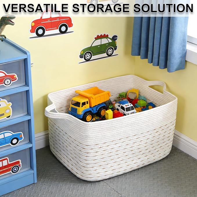 65L Collapsible Woven Rope Laundry Basket with Handles, Yellow | 21x16x12 Foldable Rectangular Blanket Basket for Toys, Clothes & Pillows,Ideal for Nursery, Bathroom, Bedroom, Living Room