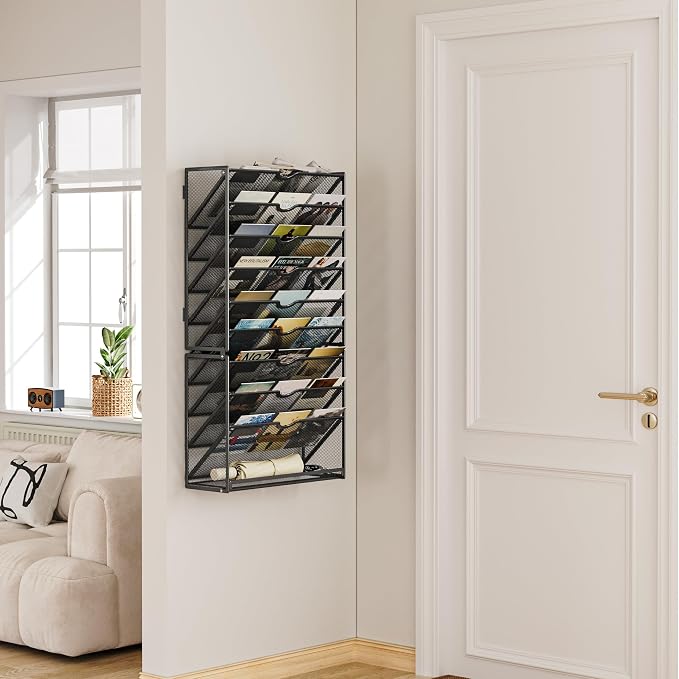 Lavatino 10-Tier Hanging Wall File Folders Organizer - Black Metal Mesh Paper Magazine Document Mail Holder File Organizer for Office School Home Wall Mount or Desk Supplies Organization