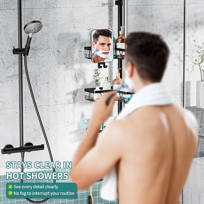 KEGII Shower Caddy Tension Pole, Fogless Mirror Bathroom Organizer, Black | Rustproof Corner Storage with Adjustable 25-114.2 inch Rod, No Drill Design for Shampoo and Shower Essentials