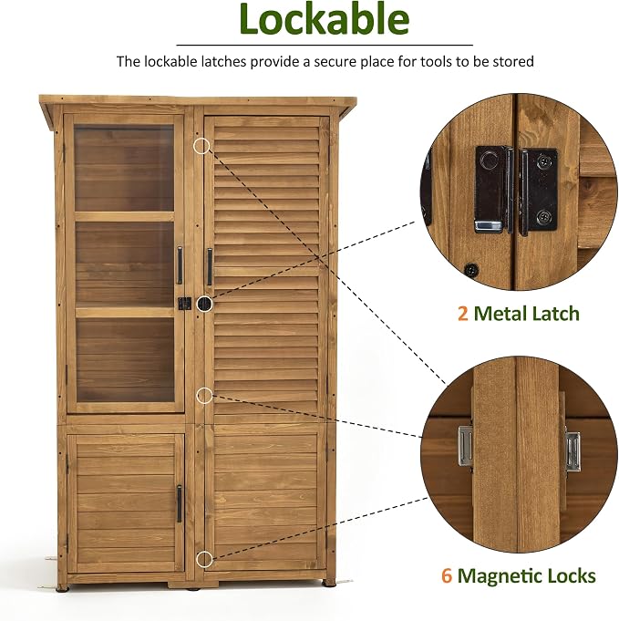 Macrout 30 Cu.Ft Outdoor Storage Cabinet with 4 Shelves for Garden, Outside Vertical Storage Wood Tool Shed with Waterproof Roof, Lockable Door for Yard and Patio Lawn W981D