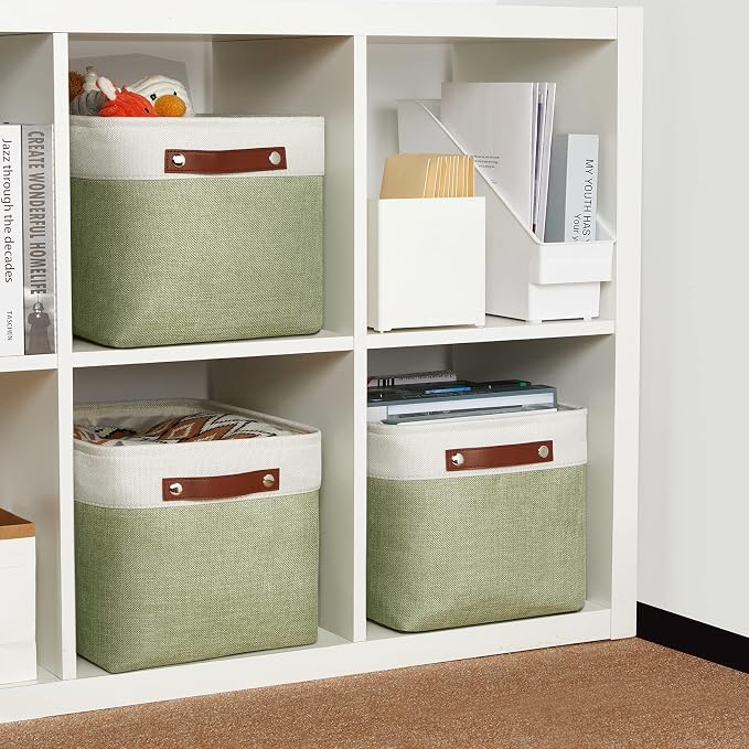DULLEMELO Fabric Storage Bins for Laundry, Home, Foldable Storage Baskets for Shelves, Toys, Collapsible Storage Bins for Office,Bedroom(3-Pack Medium-15 inch X 11 inch X 9.5 inch , White&Green)