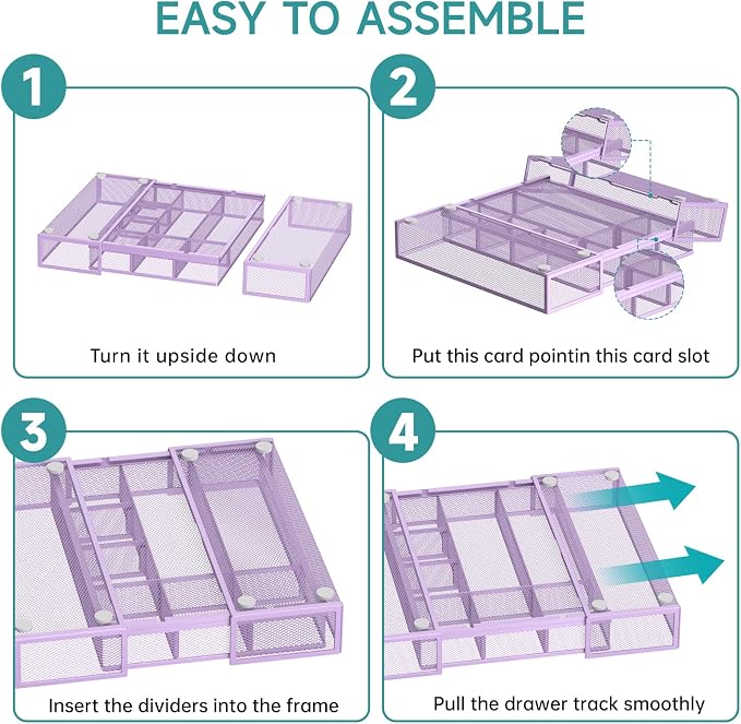 Expandable Desk Drawer Organizer, 10 Adjustable Compartment, Purple | Metal mesh drawer organizer tray with 5 removable dividers, expands from 8.74 to 16 in for office supplies, makeup or tools