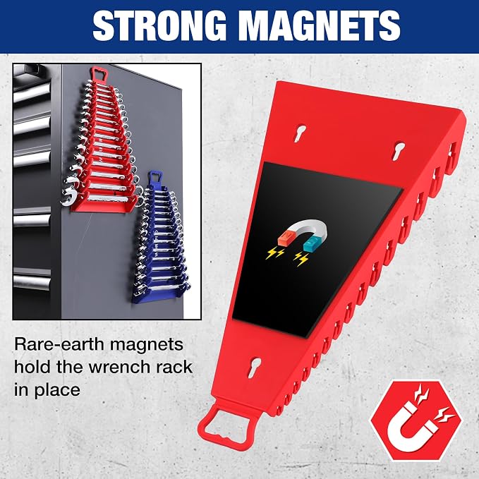 WORKPRO Magnetic Wrench Organizer, 15-Slot Gripper Wrench Holder | 2-Pack Wrench Rack for Tool Box, Fits SAE (1/4" to 1-1/16") and Metric (6mm to 27mm), Flexible Grips, Blue and Red