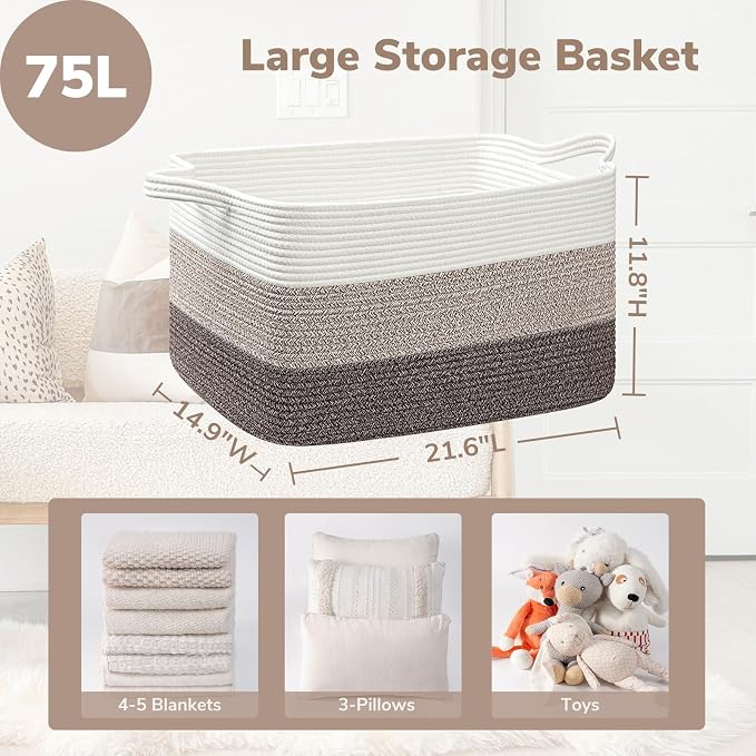 Goodpick Large Woven Blanket Basket, Rectangle Organizer, White Brown | 21.6 x 14.9 x 11.8 in, Reinforced Handles, Living Room, Bedroom & Nursery Organization, Blankets, Toys & Home Decor