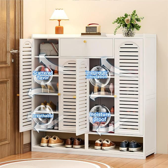 Shoe Cabinet with Louvered Doors, Freestanding Entryway Shoe Storage Cabinet with Drawer & Open Compartment, Modern Bamboo Shoe Rack Organizer with Thickened Adjustable Shelves for Closet