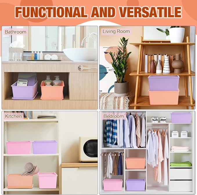 6 Pcs Storage Bins with Lids Small Plastic Storage Containers Stackable Storing Baskets Box Cute Organizer Bins for Organizing Shelves (Pink,Purple)