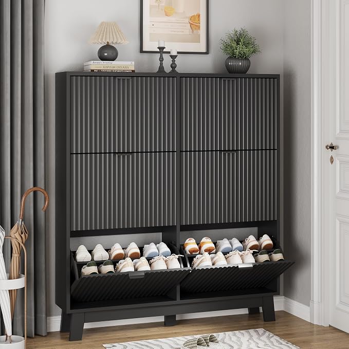 Xixini Shoe Cabinet with 6 Flip Drawers, 54" Tall Narrow Fluted Shoe Storage Organizer for Entryway, Hidden Slim Wooden Shoe Rack Cabinet for Front Door Entrance, Hallway, Living Room, Solid Black