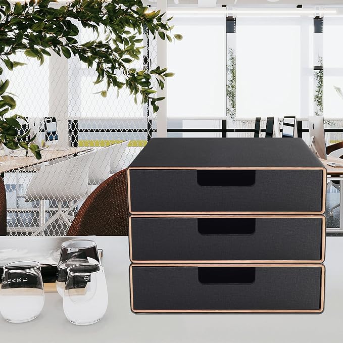 Stackable Organizer Drawer PU Leather Classic Handmade,Organize Home Office Desk Accessories and Sort Letter-Size Paper/a4 Document,Desk Caddy with Drawers Storage Box,13.1x10x3.7inches,Black