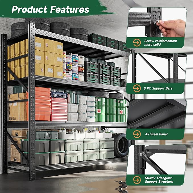Letaya 6000LBS Storage Shelves Heavy Duty,79" W Garage Shelving Units, 4 Tier Adjustable Utility Rack Shelf,Large Metal Industrial Shelves,for Shop,Warehouse,Basement,Black (79" W x 24" D x 79" H)