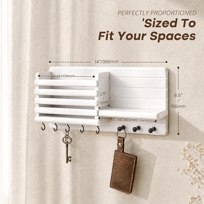 Rebee Vision Key Holder Wall Mount with Mail Slot for Hoom Decor, White | Pine Wood, Key Holder for Wall, Storage Shelf, 8 Key Hooks, Dog Leash Storage, Mail Organizer, key Hanger Apartment Aesthetic
