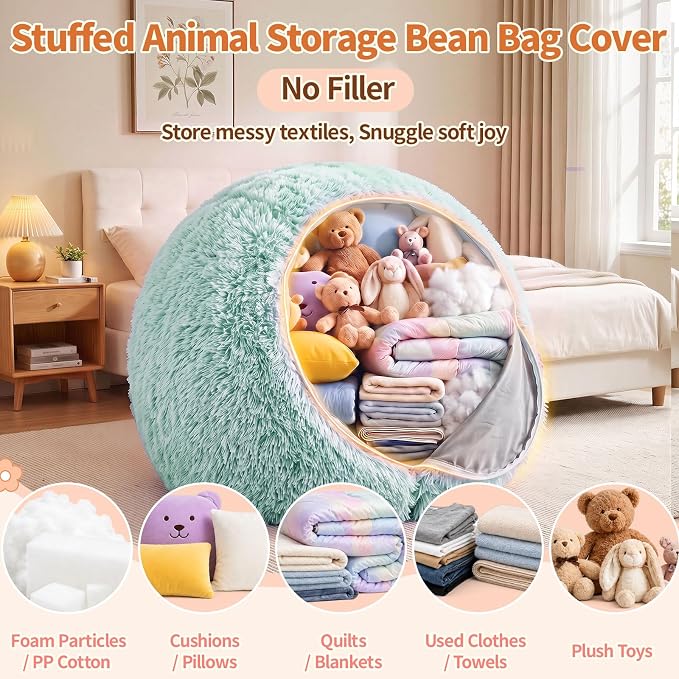Stuffed Animal Storage Bean Bag Chair Cover, Soft Bean Bag Cover | Fluffy Faux Fur Stuffed Animal Storage Chair, Non-Slip Bottom, Fill with Plush Toys or Blankets, for Kids Teens Adults Girls