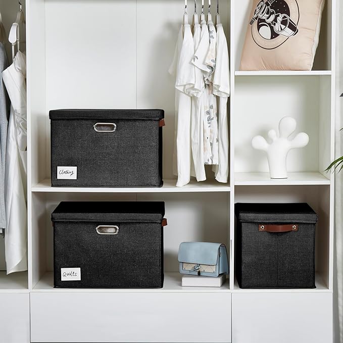15" Large Collapsible Storage Bins with Lids, Stackable Closet Organizers with PU Handle and Labels, 3-Pack Decorative Fabric Storage Boxes for Home, Bedroom, Closet, Office, Nursery(Black)