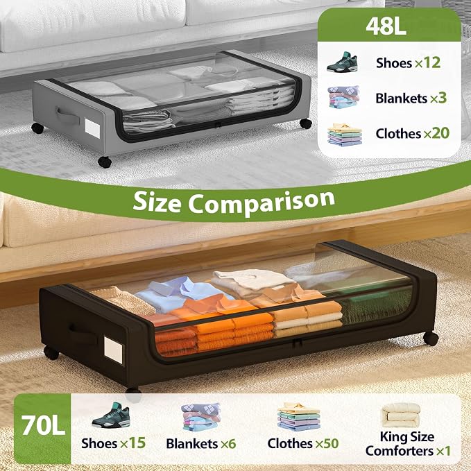 GoMaihe Under Bed Storage with Wheels 70L Black 2-Pack | Rolling Rangement Vetement sous le Lit - Containers for Clothes Shoes in Bedroom - Easy Pull-out