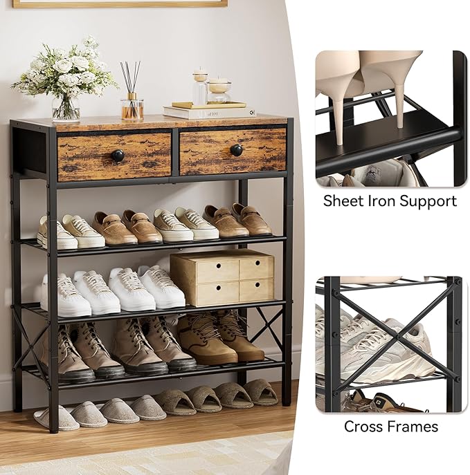 4 Tier Shoe Rack with 2 Drawers, 12-16 Pairs Rustic Brown | Holds 12-16 pairs. 2 drawers for socks/keys. Removable layer for boots. Anti-tip kit. Quick assembly.