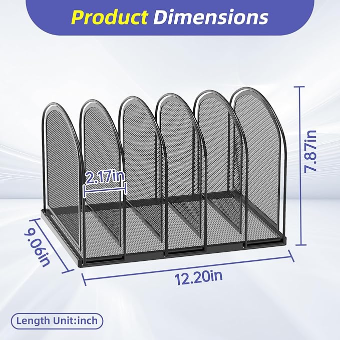 SUPEASY 5-Section File Organizer for Desk, Metal File Folder Holder, Black | 5 Vertical Compartments with Sturdy Metal Base for Office Documents Books Magazines and Laptop
