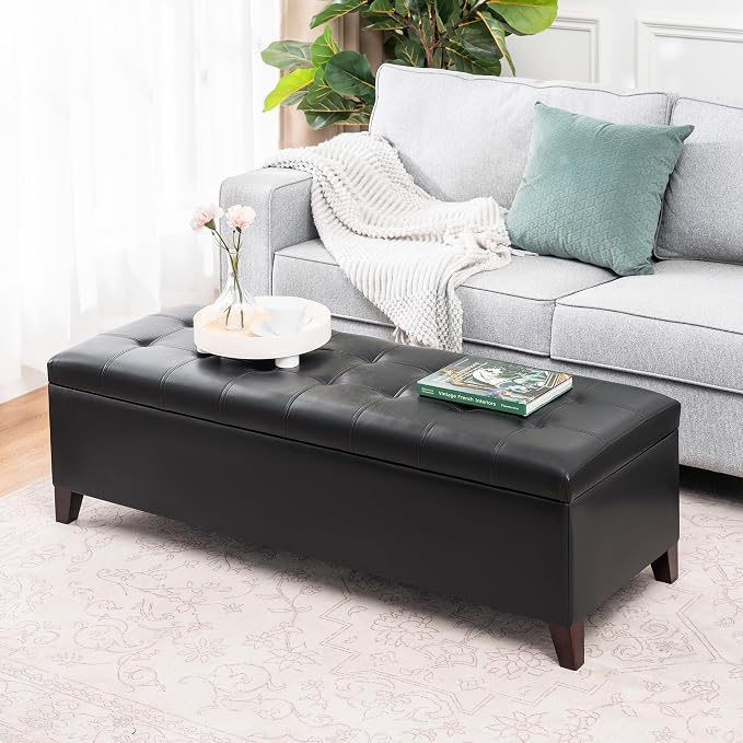 Black Ottoman with Storage Faux Leather Storage Ottoman Bench | 51 Inch Upholstered End of Bed Ottomans with Hinged Lid, Rectangle Long Foot Rest Bench for Entryway Living Room Bedroom