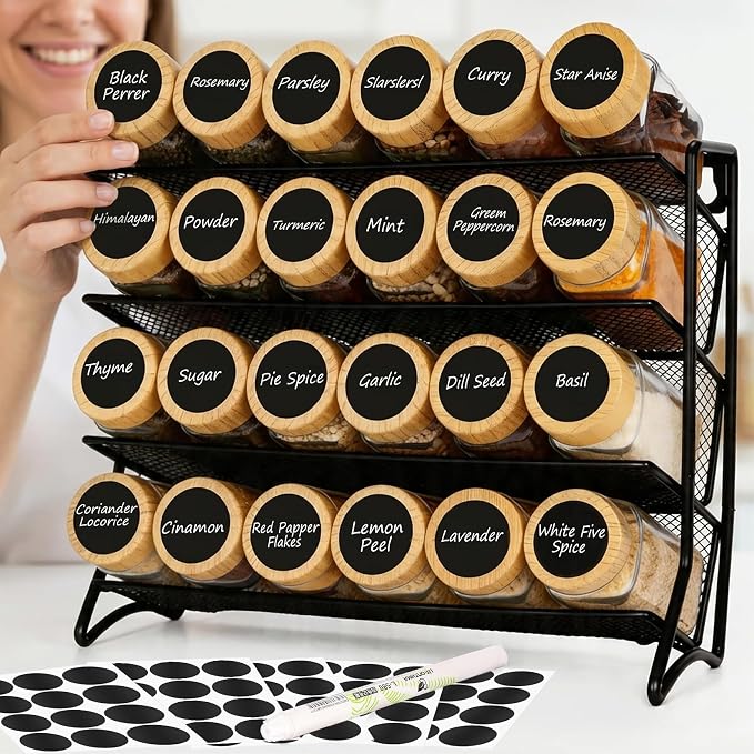 DIDITIME Spice Rack Organizer with 24 Glass Jars and 60 Labels, 4-Tier Seasoning Organizer for Cabinet, Countertop, Pantry or Wall Mount, Rust-Resistant Carbon Steel Spice Jar Set with Marker