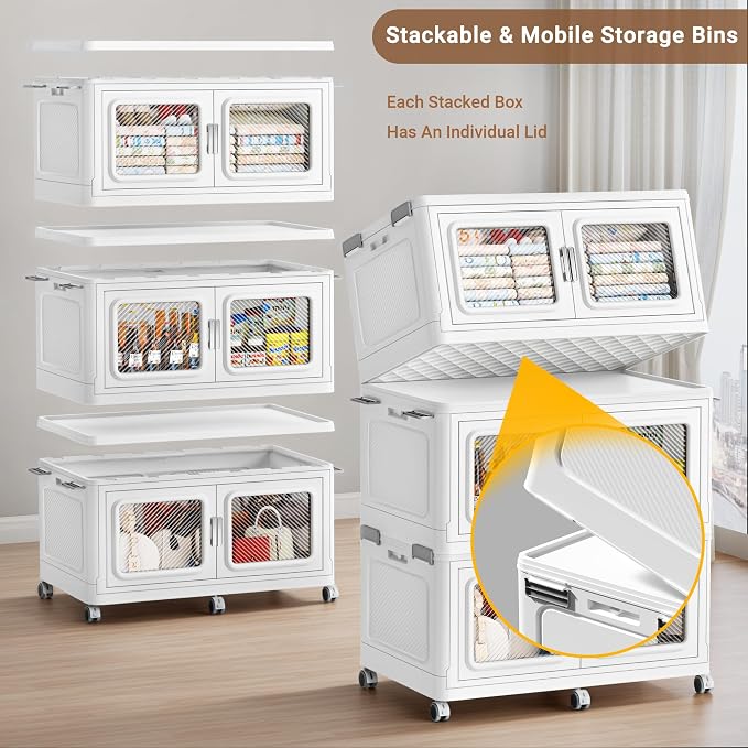 BROVIEW 880 Qt/220 Gal Stackable Storage Bins with Lids, 4 Pack, White | Large Stackable Storage Boxes w/ 4 Lid Folding Plastic Cart Organizer for Home Kitchen, Open Front Clear Door with Wheels