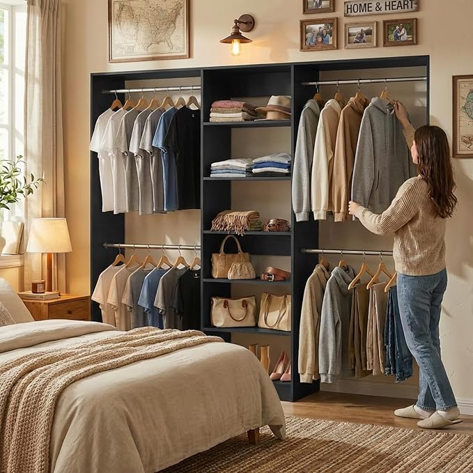 Closet System, 4.5-11.5 Ft Expandable Closet Organizer, Black | 5 Hanging Rods, Walk-in Wood Closet Organizer System with Storage Tower, Heavy Duty Garment Rack Wardrobe for Bedroom