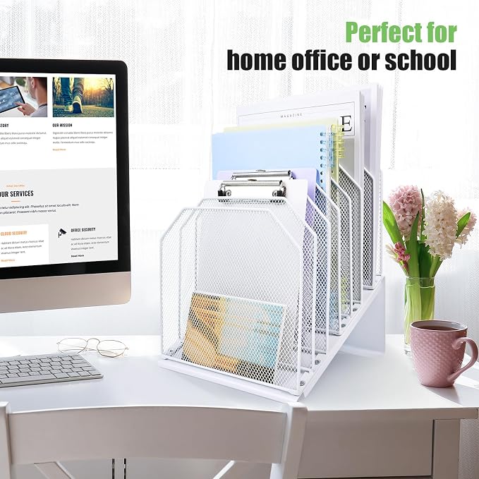 SUMMORO Inclined File Organizer for Desk, 7-Tier Vertical File Folder Holder Office Desk Organizer Metal Rack File Wire Mesh Desktop Document Sorter for Office School Classroom Home (White)