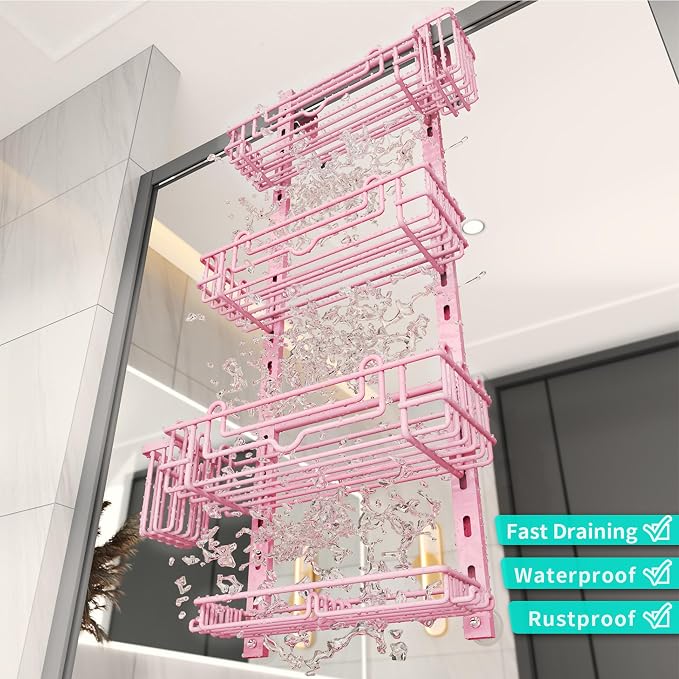HapiRm Hanging Shower Caddy Organizer - Shower Shelf with 22 Hooks and 2 Toothbrush Holders, No Drilling Adjustable Hanging Bathroom Organizer - Pink