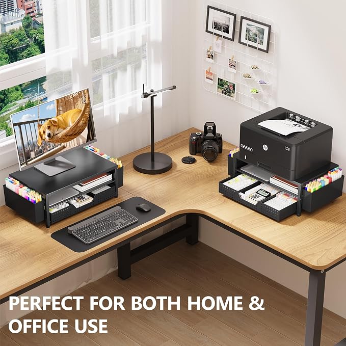 OPNICE Desk Organizers and Accessories, Computer Monitor Stand Riser with Drawer and 2 Pen Holders, Printer & Laptop Stand, Office Desk Accessories & Workspace Organizers for Home Office Supplies, Black 2-Pack