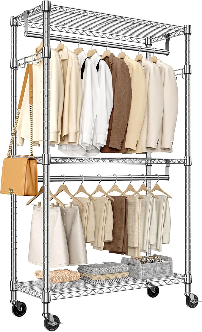 M MZG Heavy Duty Rolling Garment Rack 3 Tiers Adjustable Wire Shelving Clothes Rack with 2 Rods and Side Hooks,Storage Closet Clothing Rack with Wheels Chrome 15.7" D x 29.5" W x 74.5" H