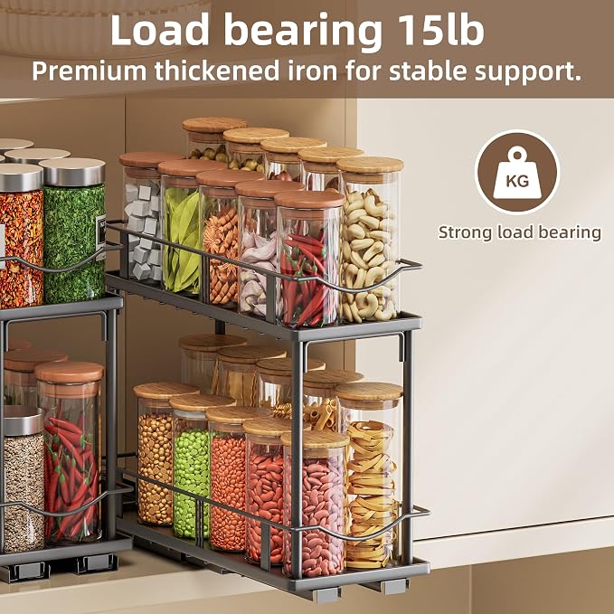 1 Packs Pull Out Spice Rack Organizer for Cabinet, 2-Tier Slide Out Seasoning Organizer, Narrow Cabinet Spice Rack, 10.7" Dx4.8 Wx8.85 H, Full Extension Ball Bearing Glides, Kitchen Pantry Organizer