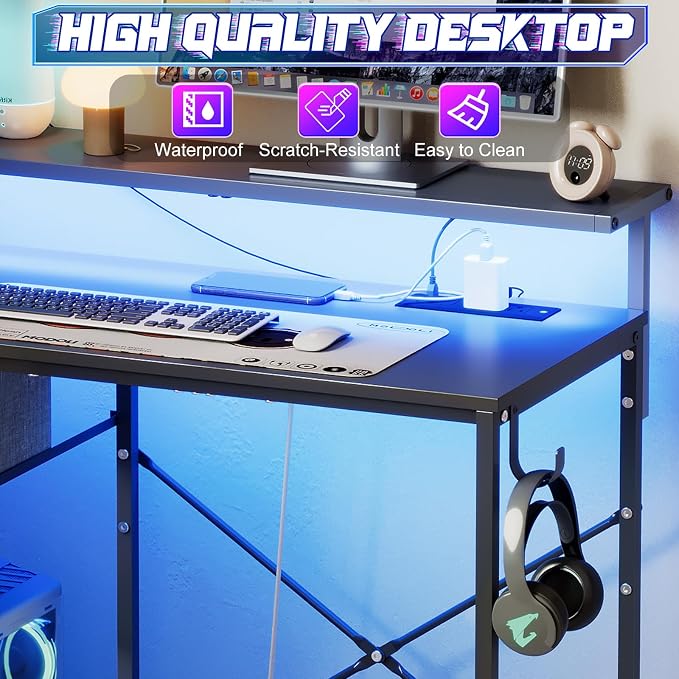 X-cosrack 33.5" Small Gaming Desk with LED Lights & Long Monitor Stand, Compact Computer Desk with Power Outlets & CPU Stand, Gamer Table with Storage Drawer for Home Office, Bedroom Corner, Black