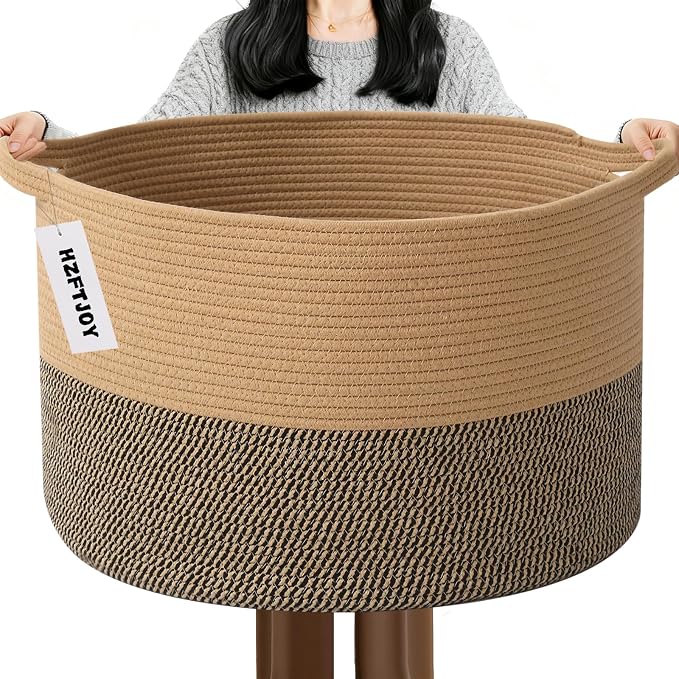 115L Extra Large Blanket Basket,Woven Laundry Basket-Jute&Black | Collapsible, reinforced handles, nursery storage bin organizes clothes, toys and pillows for living room, bedroom bathroom