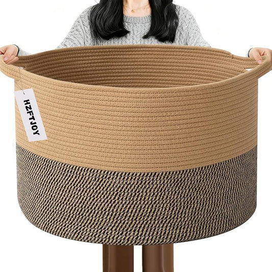 115L Extra Large Blanket Basket,Woven Laundry Basket-Jute&Black | Collapsible, reinforced handles, nursery storage bin organizes clothes, toys and pillows for living room, bedroom bathroom