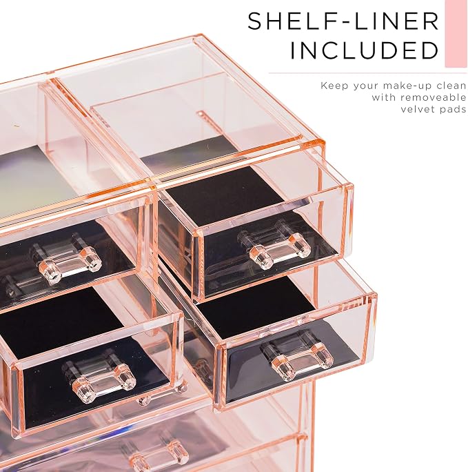 Sorbus Acrylic Makeup Organizer Set, 7-Drawer Vanity & Countertop Cosmetic Storage with Small & Wide Compartments, Pink Makeup Storage for Brushes, Jewelry – Holiday Gift for Women & Teens