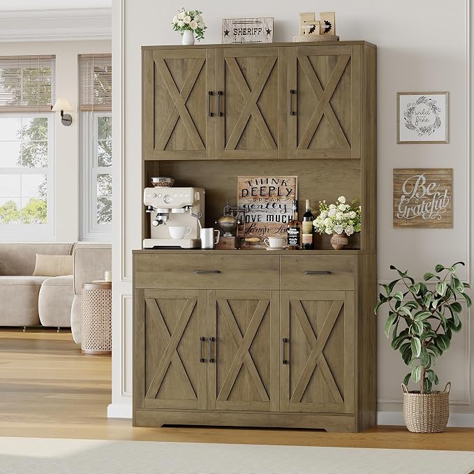 HOSTACK 71" H Kitchen Pantry Storage Cabinet,Farmhouse Hutch Cabinet, Brown | Space-Saving Pantry Cabinet with Charging Station & 2 Large Drawers & Adjustable Shelves, Tall Kitchen Hutch for Dining Room