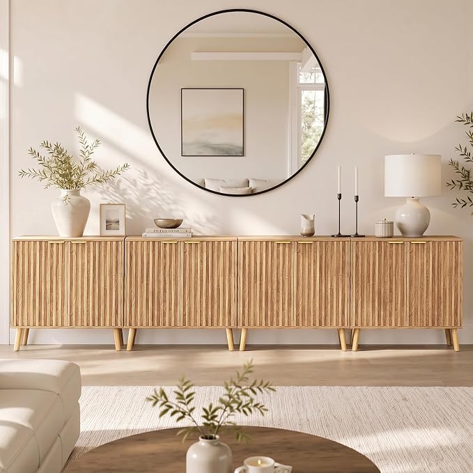 Set of 4 Fluted Storage Cabinet, Buffet Cabinet with Storage, Wood Sideboard with Adjustable Shelf, Modern Accent Cabinet & Console Table for Entryway, Living Room, Dining Room, Natural