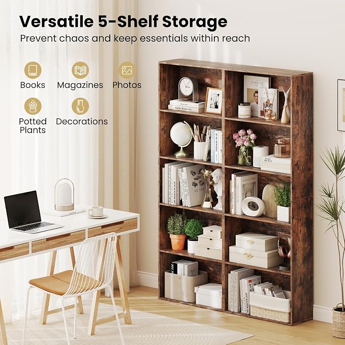 Giantex 5-Tier Bookshelf Set of 2, Freestanding Bookcase with 5 Open Shelf, Modern Display Shelf, Storage Organizer for Living Room Bedroom Home Office, Rustic Brown