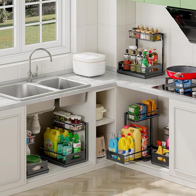 Under Sink Organizer, Cabinet Organizer for Kitchen, Height Adjustable Pull Out Heavy Duty 2 Tier Metal Under Sink Storage for Bathroom Pantry (Black, 1 Pack)