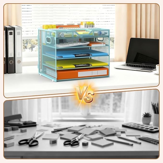Docnest 5 Tier Desk Organizer with Hanging File Folder Holder&Tray, Blue | Features 3 detachable pen holders and 4 removable dividers.Versatile mesh desktop storage for mail, document,office supplie
