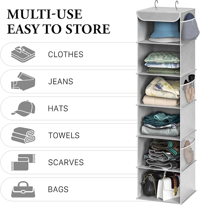Simple Houseware 6 Shelf Hanging Closet Organizer, Gray | 360° Rotating Dual Hooks, Top Support Metal Frame, 6 Side Mesh Pockets