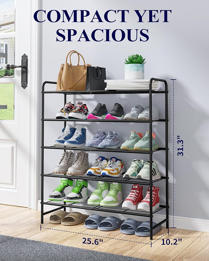 Kitsure Stainless Steel Shoe Rack Organizer, 25.6" Wide - 5 Tier, Black | Sturdy Shoe Rack for Closet and Entryway, Free Standing Shoe Shelf, Closet Organizers and Storage